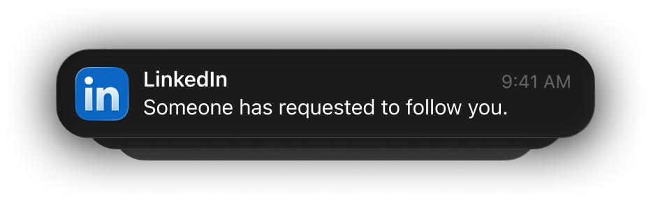 iOS notifications stack showing GitHub and Linkedin follow notifications.
